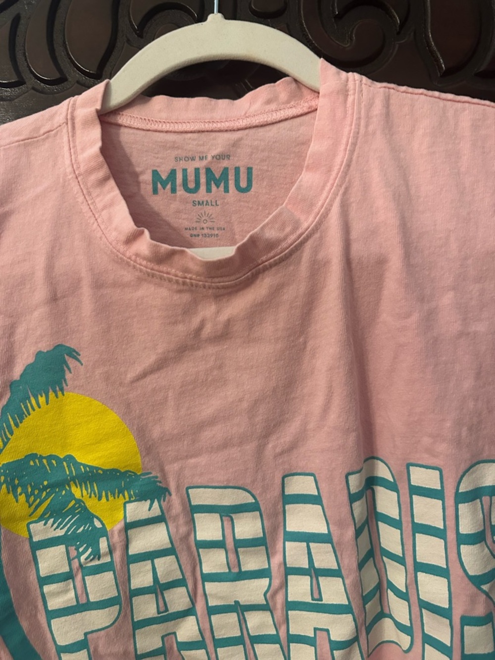 Show Me Your MuMu Pink 'Paradise' Graphic Tee with Yellow & Teal Print - Picture 2 of 5